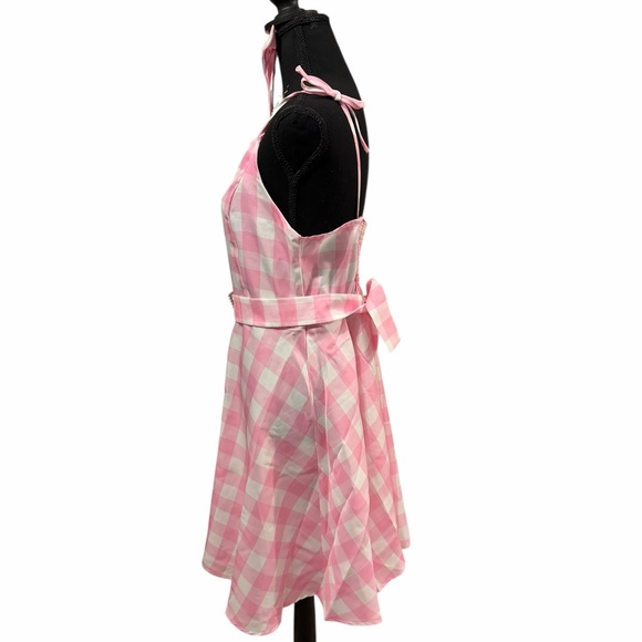 Pink & White Checkered Barbie Dress Costume with Bow Belt & Earrings size L - Picture 3 of 16